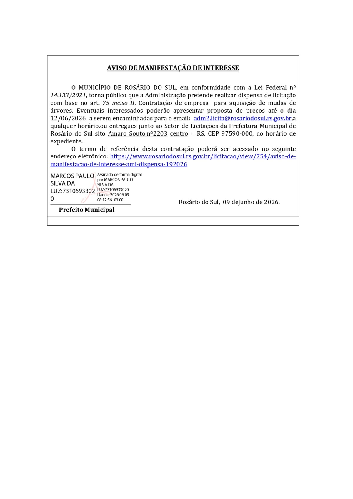 AMI- AVISO DE MANIFESTAÇÃO DE INTERESSE- AQUISIÇÃO DE MUDAS