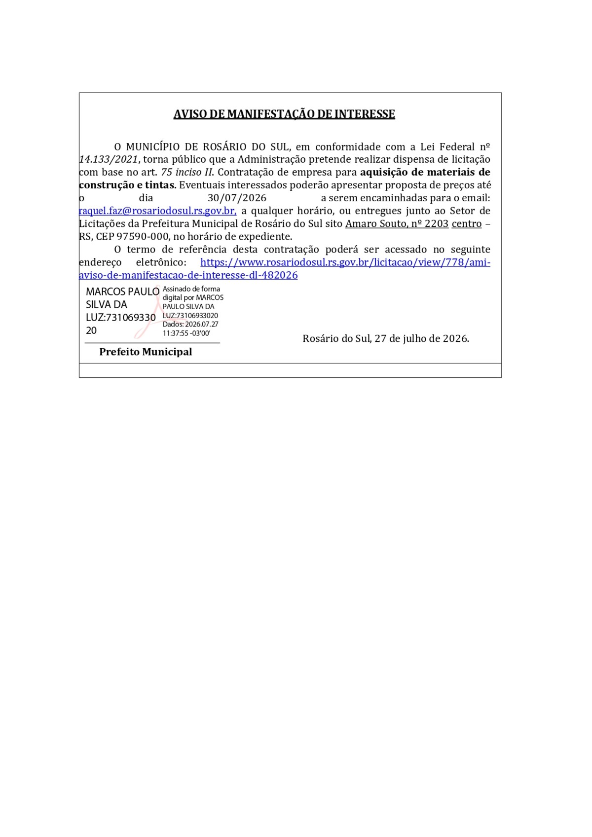 AMI - Aviso de Manifestação de Interesse - DL 48/2026