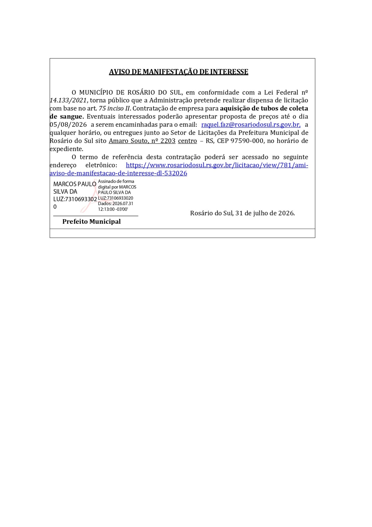 AMI - Aviso de Manifestação de Interesse - DL 53/2026