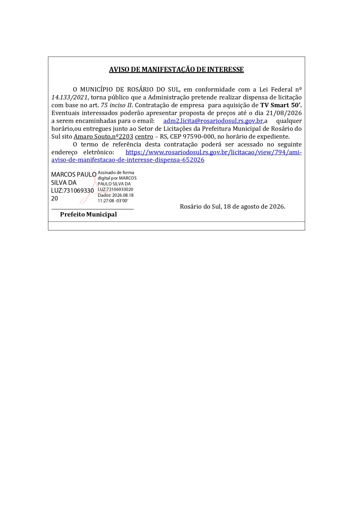 AMI- AVISO DE MANIFESTAÇÃO DE INTERESSE-  Aquisição de Tv Smart 50' - DL 65/2026