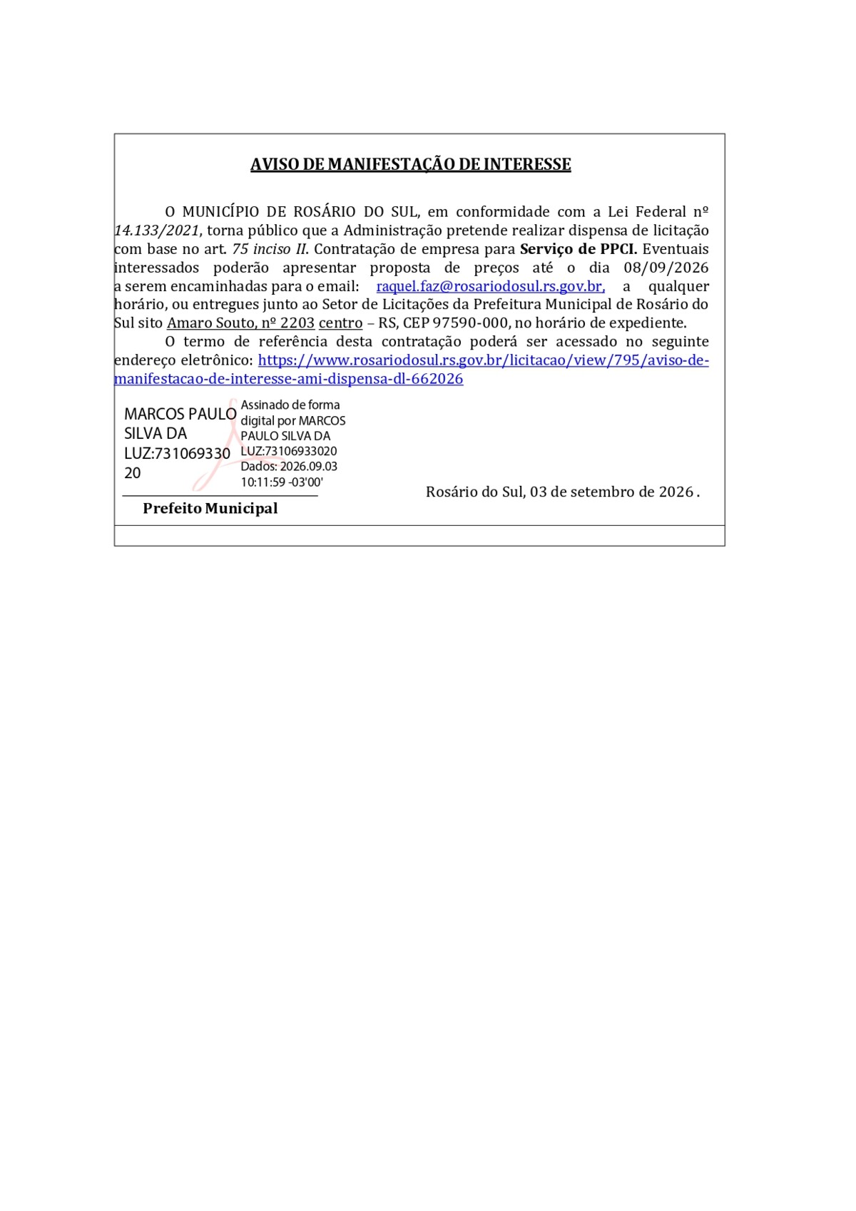 AMI - Aviso de Manifestação de Interesse - DL 66/2026