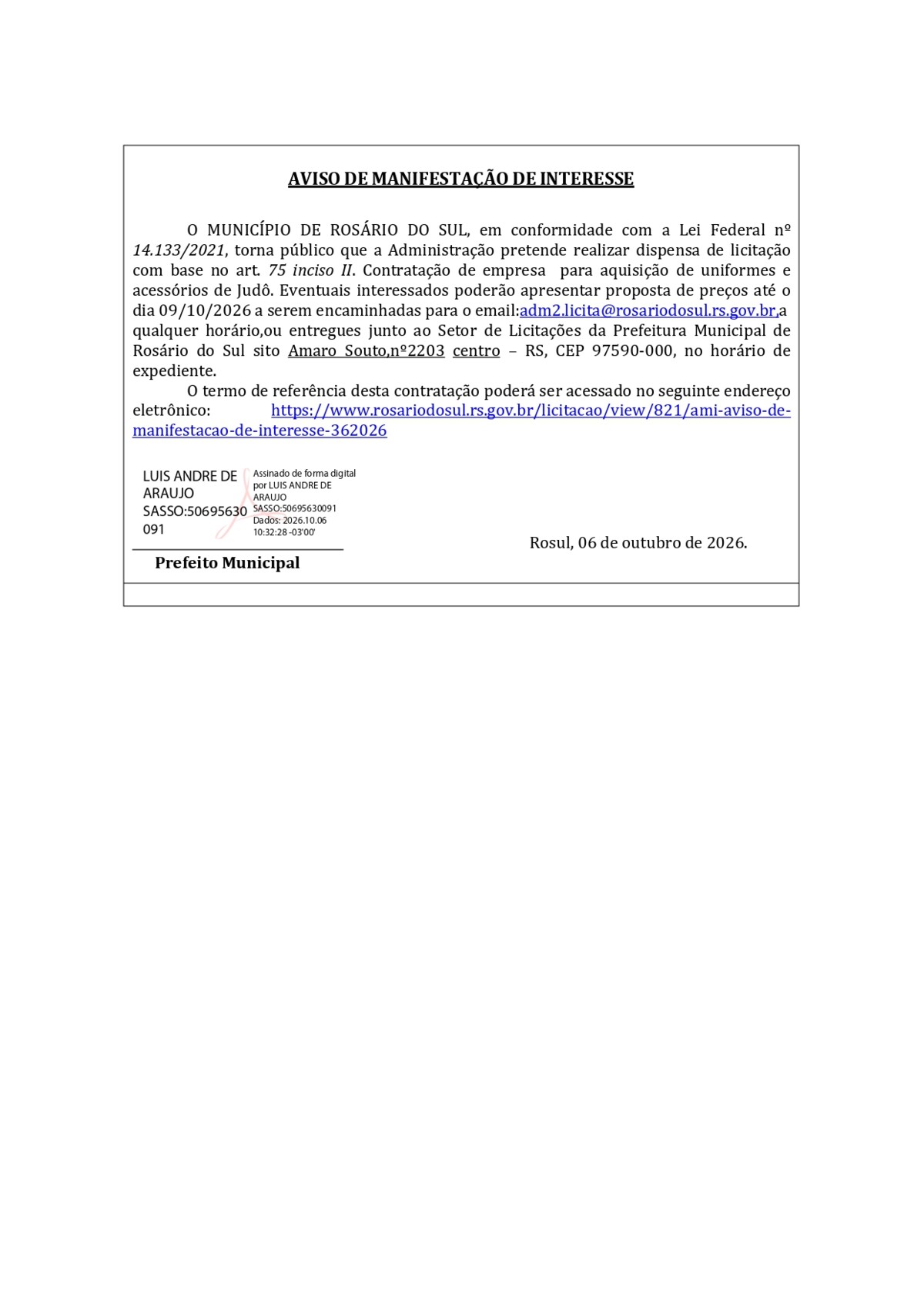 AMI- AVISO DE MANIFESTAÇÃO DE INTERESSE- Aquisição de  Uniformes e Acessórios de Judô